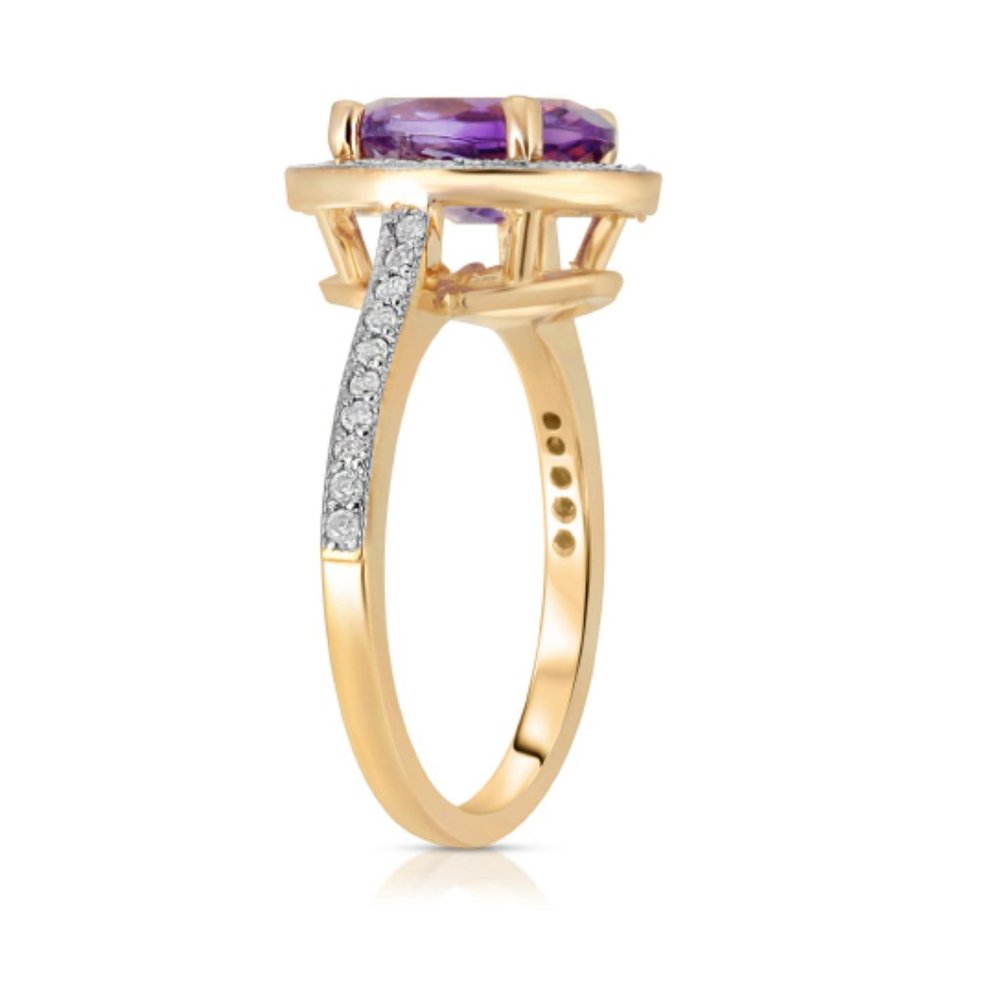 14K. SOLID GOLD RING W/ DIAMONDS & OVAL AMETHYST - Picture 2 of 5